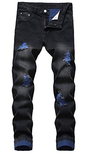 chouyatou Men's Color Block Frayed Holes Lightweight Distressed Ripped Jeans Denim Pant