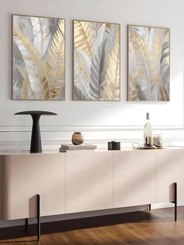 Toiles plumes dorées argentées, style abstrait moderne de 40x60cm en lot de 3