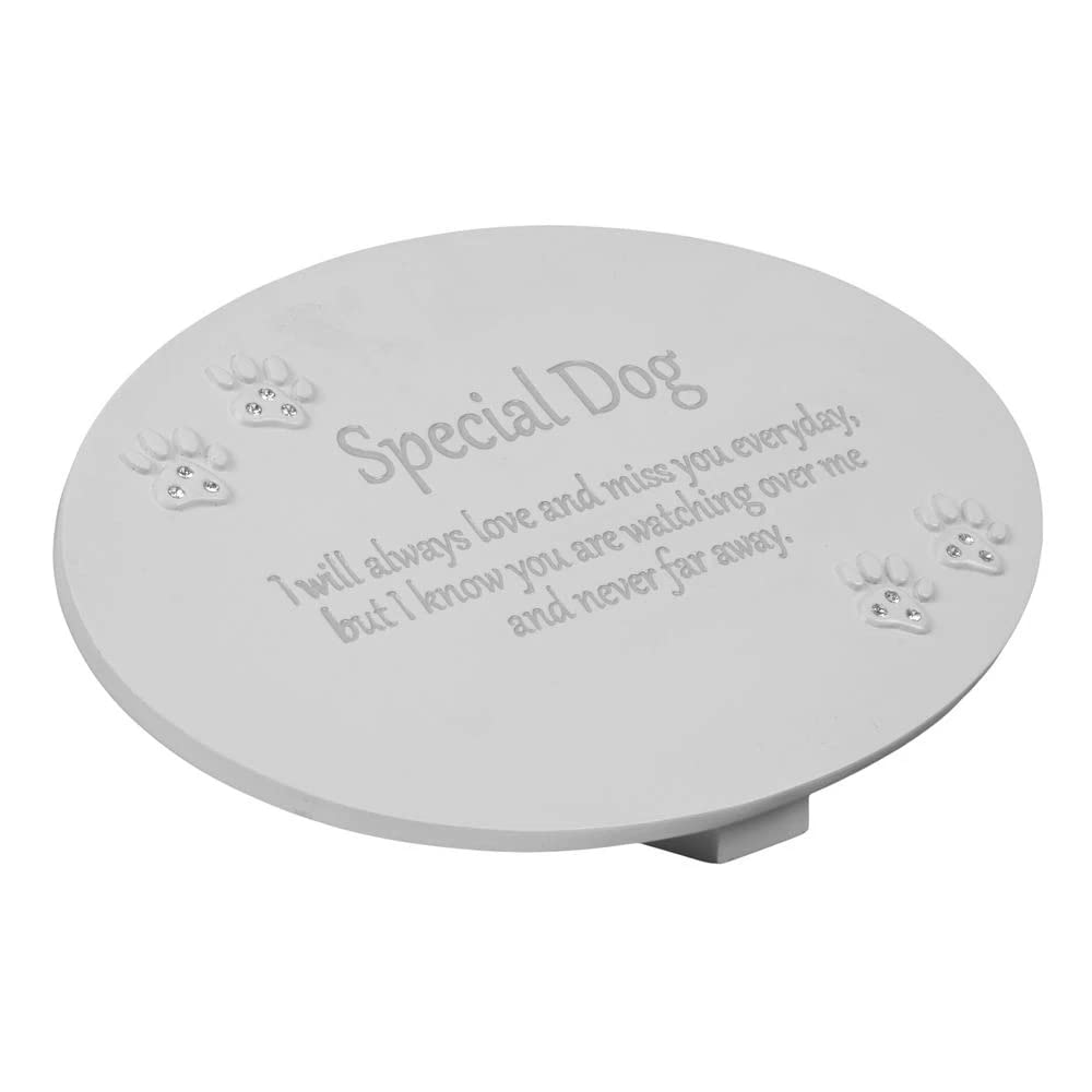 Placa para tumba de perro ovalada con elegantes detalles de huellas de cristal