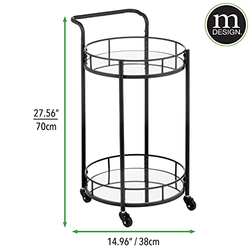 Mdesign Metal Vintage Round Beverage Rolling Cart For Home - 2-Tier Serving Bar Trolley With Easy-Glide, Rotating Wheels, Built-In Handle, And Glass Shelves For Wine And Craft Beer - Black #TOP2