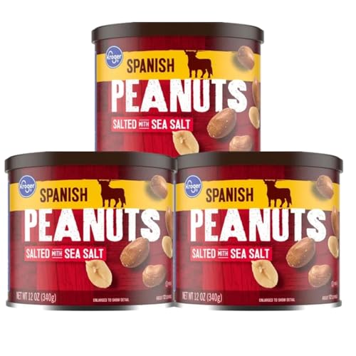 Spanish Peanuts Salted with Sea Salt (12 oz Can, Pack of 3) – Roasted Red Skin Peanuts with Sea Salt – Crunchy Savory Snack Nuts for Keto, Baking & Peanut Brittle – 36 oz Total