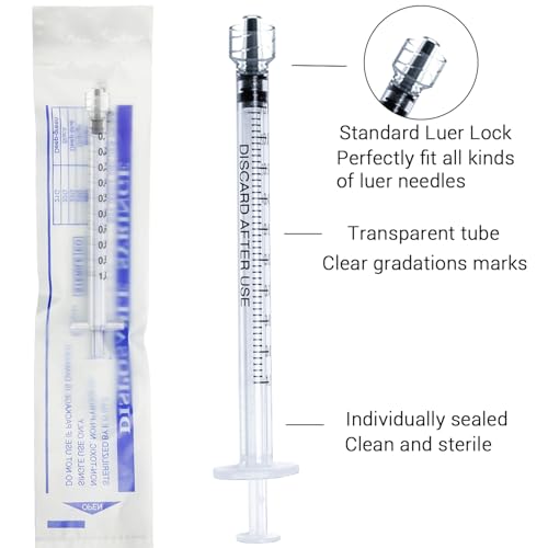 100 Pack 1ml Syringes Luer Lock Syringe without Needle, Individually Sterile Wrapped