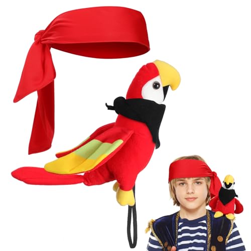 JOINPAYA Pirate Parrot on Shoulder Prop with Bandana Kids Pirate Costume Accessory Lightweight Plush Parrot for Halloween Party Dress-up