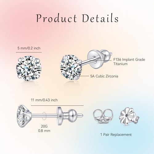 Limerencia G23 Titanium Earrings White Cubic Zirconia Post Studs 20G Implant Grade Pure Titanium Piercing Studs First Holy Communion Gifts for Girls Sensitive Ears3