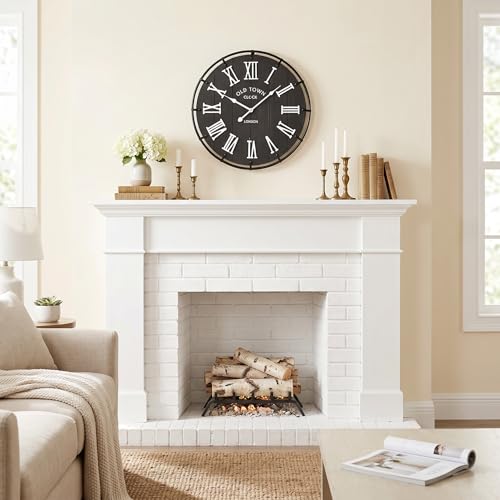 Image of EMAX HOME 20 Inch Large Farmhouse Wall Clock, Rustic Black Distressed Wood Grain Face with White Roman Numerals, Silent Non-Ticking Quartz Movement, Metal Frame Wall Decor for Living Room, Bedroom.