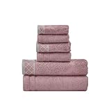 Modern Threads Damask Jacquard Towel Set with Embellished Border, Dusty Plum, Standard (6-Piece)