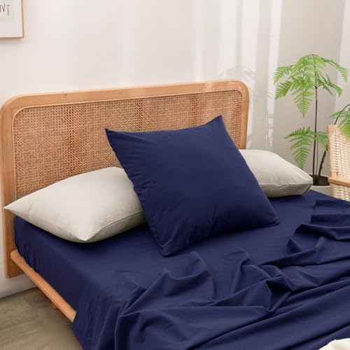 BESTOUCH Washed Cotton Pillowcases Linen Feel Navy Blue Euro