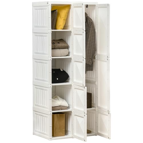 HOMCOM Portable Wardrobe Closet, Folding Clothes Storage Organizer with 6 Cube Compartments, Hanging Rod, 8 Magnet Doors, White