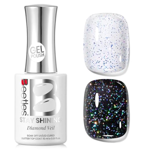 Image of beetles Gel Polish Glitter Top Coat 15ml, Stay Shining No Wipe Reflective Silver Mix Glitter Shiny Clear Gel Nail Polish Long Lasting High Gloss UV Lamp Nail Art Design Manicure Gifts for Women