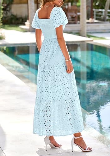 Image of PRETTYGARDEN Summer Dresses for Women 2026 Eyelet Square Neck Puff Sleeve Smocked Wedding Guest Maxi Dress with Pockets