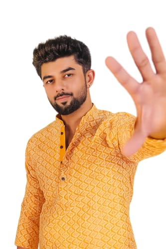 Image of LookMark Men's Printed Silk Blend Kurta with Mandarin Collar, Full Sleeves, Straight Fit Traditional Ethnic Wear