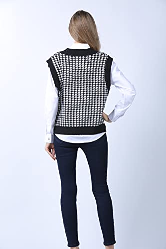 Gulajia Oversized Women Houndstooth Pattern Knit Sweater Vest Sleeveless Loose V-Neck 90S Waistcoat Pullover Knitwear Top Black M #TOP3