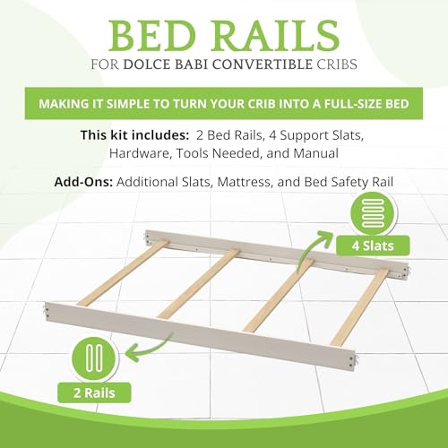 Image of Full-Size Conversion Kit Bed Rails for Dolce Babi Convertible Cribs - Solid Wood Rail - Toddler and Adult Bed Rail for Full-Size Beds - Essential Nursery & Baby Furniture (Seashell White)
