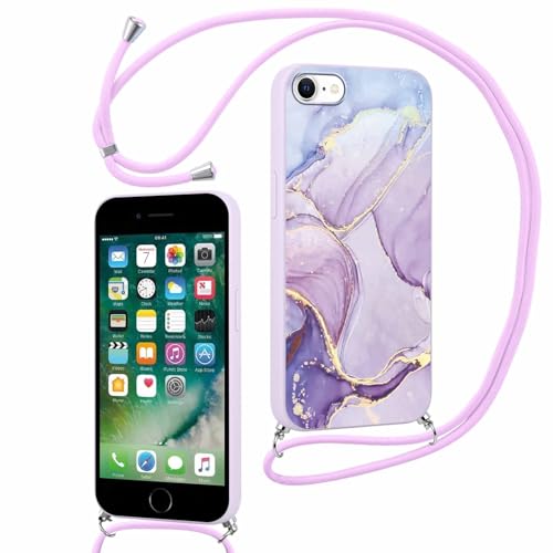 ZhuoFan Handykette für iPhone 7/8/iPhone SE 2022 /SE 2020 Hülle 4,7'' mit Band, Aesthetic Marmor Muster Verstellbarer Handyhülle mit Kordel zum umhängen Violett Silikon Schutzhülle mit Kette, Marble