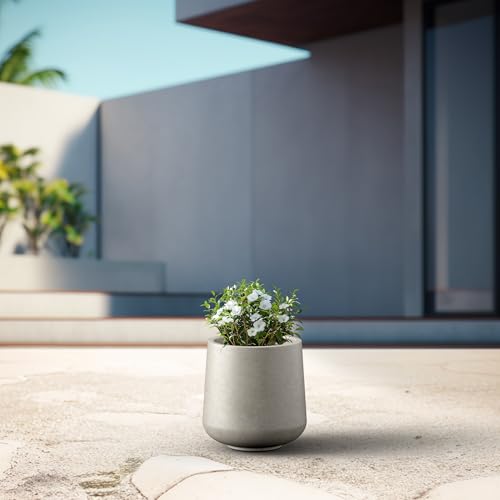 Image of Kante Accent Round Curved Weathered Concrete Planter 13 inch Dia, Outdoor | Rubber Plug for Indoor, Drainage for Garden, All-Weather Cement Flower Pot, Handcrafted, Anti-Frost & UV, Modern Home Decor