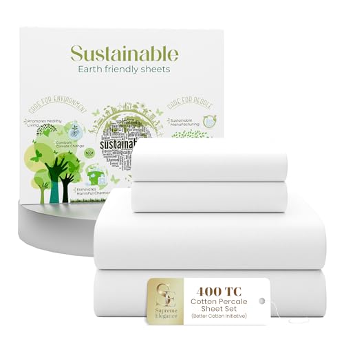 SUPREME ELEGANCE 4 Pcs 100% Cotton Queen Sheet Set, Snow White, 400 Thread Count, Percale Weave, Deep Pocket Fitted Sheet, Crisp Hotel Style Bed Sheets, Cooling, Long Staple Cotton Bedding
