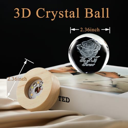 Image of 3D Rose Crystal Ball Lamp with Dimmable LED and Wooden Base, Night Light for Kids Teens Adults, Home Desk Office Bedroom Decor, Birthday Gift (2.4 inch / 6cm)