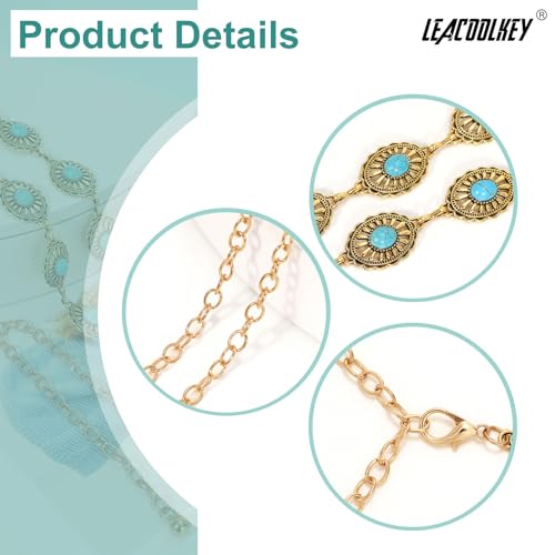Image of LEACOOLKEY Women Turquoise Concho Chain Waist Belt Silver Western Cowgirl Metal Chain Belt for Dress Adjustable