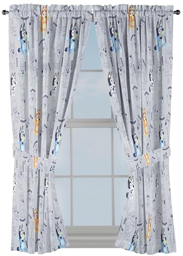 Jay Franco Window Curtains for Kids Bedroom 4-Piece Drape Set with 2 Tiebacks Grey - Bluey 42 W x 63 L (Pack of 2)
