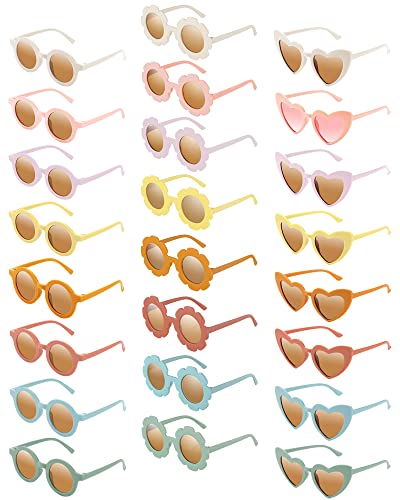 Queekay 24 Pcs Kids Flower Sunglasses Bulk Round Heart Shaped Toddler Sunglasses Colorful Beach Eyewear for Toddler Girl Boy Outdoor Holiday Parties End of the Year School Students Gifts