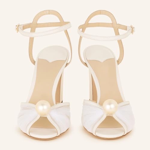 Image of Goolita Pearl Heels For Women Mid Block Ankle Strap Heeled Sandals Round Open Toe Party Evening Bridal Shoes For Wedding