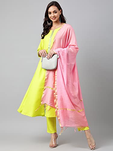 Image of ANNI DESIGNER Women's Cotton Blend Embroidered Anarkali Kurta with Palazzo & Dupatta (Darwaja)