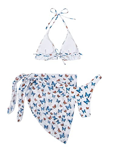 Bikini imprimé papillon 3 pièces bleu ajustable pour sublimer les formes