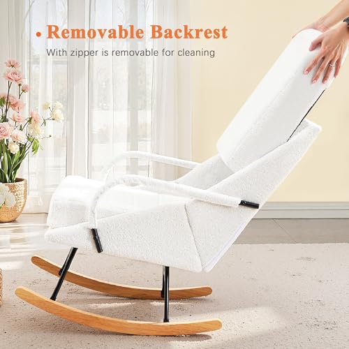 VECELO Rocking Chair Nursery, Larger Size Teddy Fabric Glider Rocker with Padded Cushion, Upholstered Removable High Back, White