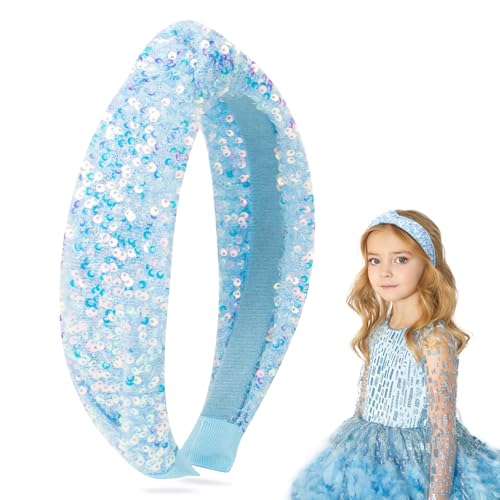 BLAAROOM Glitter Knotted Headband for Girls, Wide Sparkly Sequin Little Girl Headbands, Hair Bands Accessories Stocking Stuffers Teen Girl Gifts - Blue