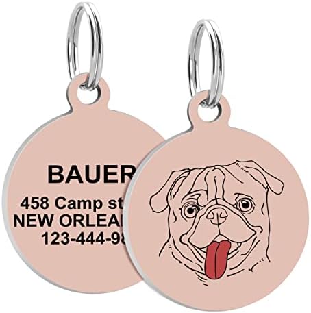 KINYABLUE Print Round Stainless Pet ID Tags,Personalized Dog Tags, Front&Back up to 4 Lines of Text, Custom Dog Tags,for Pug, Small Size