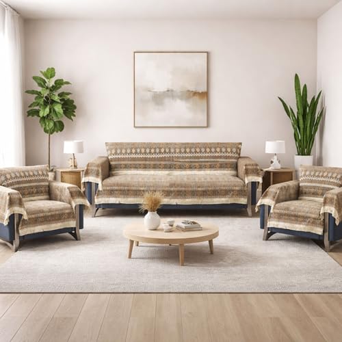 Image of Elegant Woven Brown Sofa Cover Soft Chenille Traditional Pattern with Lace Style | L-Shape Sectional Seat Protector for Living Room | Durable & Stylish Slipcover 5 Seater with Arms