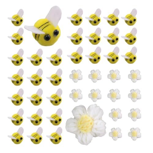 AWAVM Paquete de 42 accesorios de disfraz de abeja, 30 piezas decorativas de abeja con 12 flores amarillas de ganchillo, decoración de mini abeja, decoraciones de abeja pequeñas para decoración de