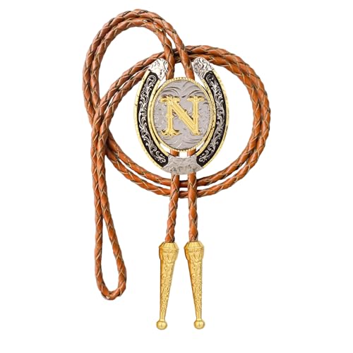 Image of Bolo tie for Men Western Cowboy Brown Leather Necktie Gold Initial Letter ABCDJMR to Z Bolo ties for Women