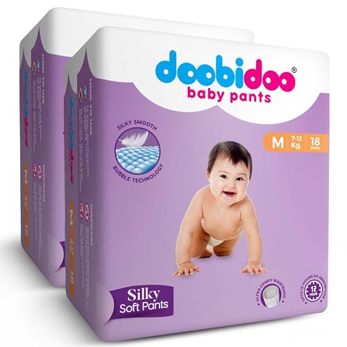 Image of Doobidoo Silky Soft Baby Diaper Pants with High Absorbency, Anti-Leak Side Cuffs, Cottony Bubble Soft, Rash-Free, Medium Size (M) 7-12 Kg, Pack of 2, 36 Count