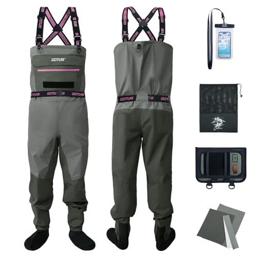 Goture 5-Layer Breathable Fly Fishing Waders for Women, Waterproof Neoprene Stocking Foot Waders with Handwarmer, Adjustable Belt, Women's Fishing Chest Wader L