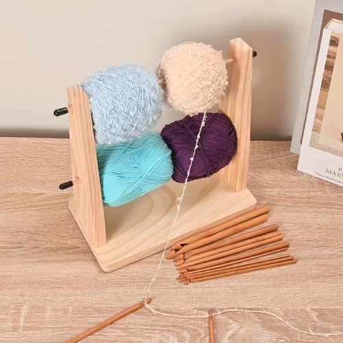 Image of Yarn Ball Holder, Double Layer Yarn Spindle Dispenser, Horizontal Wooden Ribbon Rack for Crocheting & Knitting