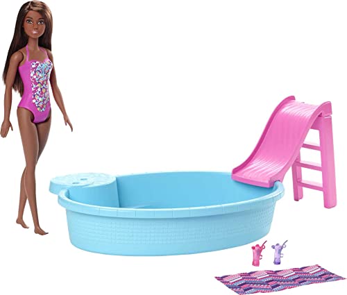 Barbie Doll And Pool Playset With Pink Slide, Beverage Accessories And Towel, Brunette Doll In Floral Swimsuit #TOP26