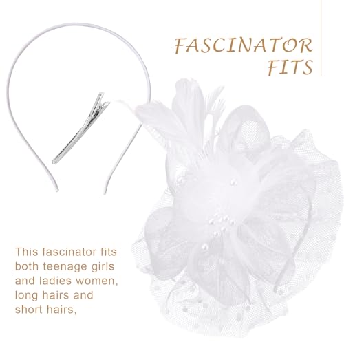 Image of DRESHOW Fascinators Hats for Women Tea Party Gloves Set Tulle Fascinators Vintage Derby Headwear and Short Lace Gloves for Cocktail Wedding Church