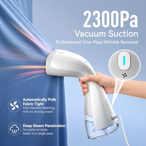 Image of HiLIFE Vacuum Steamer for Clothes, Handheld Garment Steamer with Suction | 2300Pa Fabric Grip, 1875W Power, 25s Heat-Up, 300ml Tank, 9.18ft Cord, Touch Sensor, 120V Only