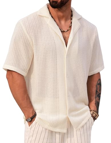 Men Summer Beach Shirts Stylish Hollow Out Button Down Shirt Casual Cuban Top (S-XXL)
