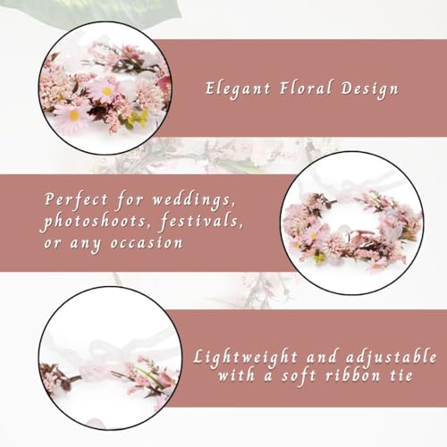 Image of Radhu & Kabby Soft Pink Floral Hair Tiara for Women | Delicate Artificial Flowers with Organza Ribbon | Dreamy Crown for Weddings, Baby Showers, Photoshoots & All Occasions | 1 Pc