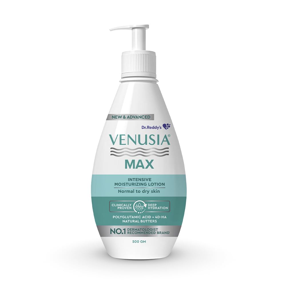 Dr. Reddy's Venusia Max Intensive Moisturizing Lotion | Enriched with 4D Hyaluronic Acid & Polyglutamic Acid | Clinically Proven Deep Penetration for Long lasting hydration | For Face & Body | Moisture Lock with Shea, Cocoa, Mango, and Aloe Butter |No.1 Dermatologist Recommended Brand | Normal to Dry Skin | 500 g