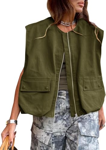 JAWINT Womens Casual Zip Up Cargo Vest Oversized Crewneck Ruched Hem Sleeveless Blazer Jackets Tops