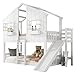Kinderbett Etagenbett 90x200, Hochbett Hausbett mit Rutsche&Leiter&Fenstern&Dach&Aufbewahrungsbox, Stockbett Doppelbett Holzbett Jugendbett mit Lattenrost&Rausfallschutz, Kiefer, Ohne Matratze, Weiß