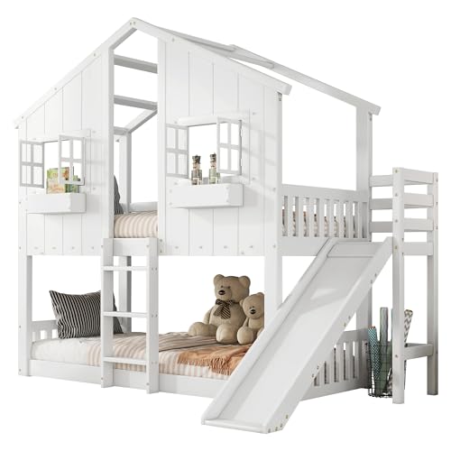 Kinderbett Etagenbett 90x200, Hochbett Hausbett mit Rutsche&Leiter&Fenstern&Dach&Aufbewahrungsbox, Stockbett Doppelbett Holzbett Jugendbett mit Lattenrost&Rausfallschutz, Kiefer, Ohne Matratze, Weiß