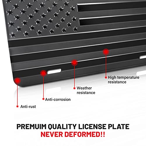 Red Wolf Car License Plate Bracket Frame American Flag Decorative Aluminum 3D Metal Embossed Usa Flag Patriotic License Plate Cover Holder 6 X 12 Inch, Heavy Duty Black W/Installation Accessories #TOP1
