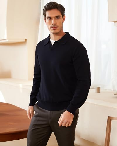 Kallspin Men's Knit Polo Sweater Regular Fit V Neck Cotton Long Sleeve Soft Classic Sweater Pullover4