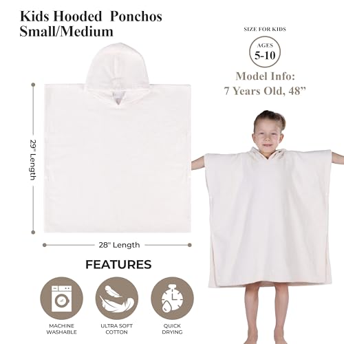 Image of Superior Kids Cotton Terry Poncho, Soft, Absorbent Bath Towel with Hood, Bathroom Accessories, Long, Plush Bathrobes for Bath, Shower, Spa, Resort, Hotel, Beach, Pool, Boy, Girl, Small /Medium, Ivory