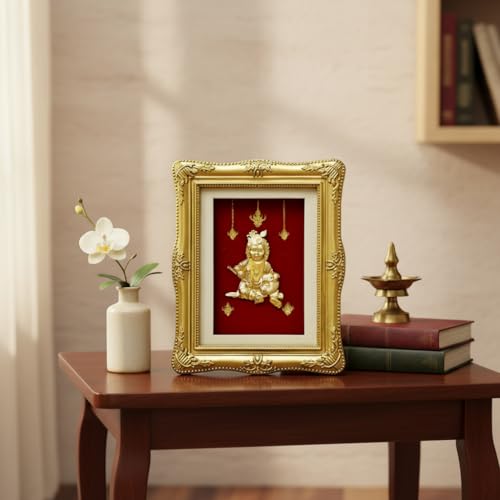Image of EKA Divine Series Bal Gopal - 24kt Gold Foil Blessing Tabletop | Vastu Positive Krishna Artwork for Peace & Happiness | Ideal for Children's Room, Home & Spiritual Gifting (7.5 cm x 9 cm)
