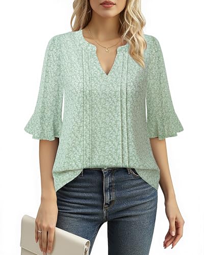 Bodhi talk Damen Bluse Kurzarm: Damen Bluse Elegant - Elegant Atmungsaktiv Rüschenärmel Tunika Tops Sommer Chiffonoberteil - Elegant V-Ausschnitt Arbeit Leicht Business Casual Shirt (Grün Geblümt XL)